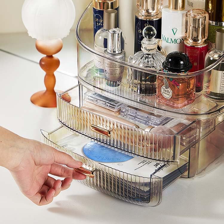 ALOXE Cute Makeup Organizer Cosmetics Organisers Storage Box with Drawer Storage Organizer|Transparent Plastic Makeup Box for Women (Brown) - Image 4