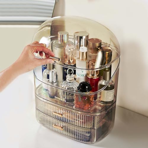 ALOXE Cute Makeup Organizer Cosmetics Organisers Storage Box with Drawer Storage Organizer|Transparent Plastic Makeup Box for Women (Brown) - Image 5