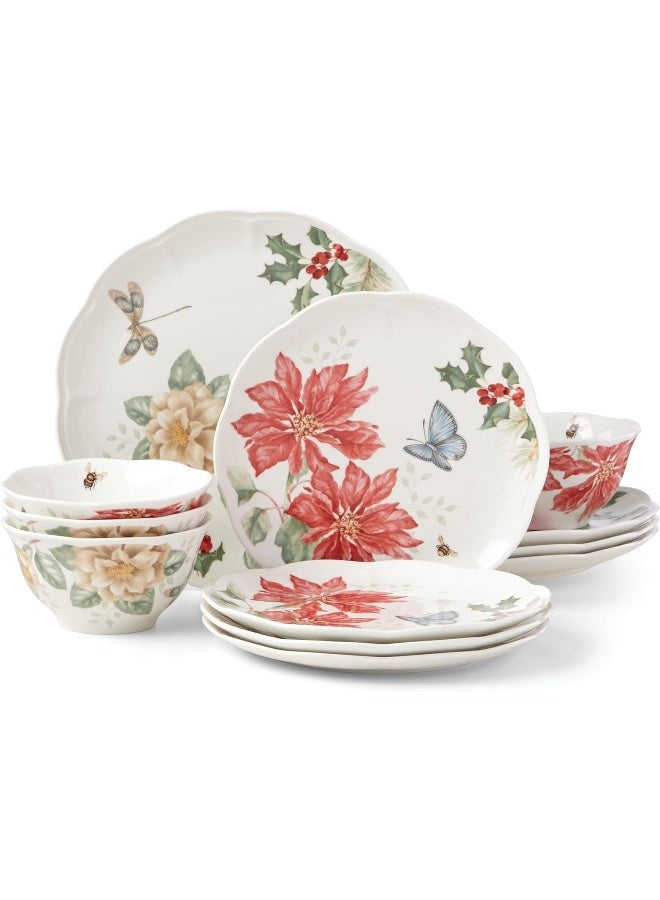 LENOX طقم أدوات المائدة لعيد الميلاد من لينكس بتصميم فراشة المروج 12 قطعة 1660 LB أحمر أخضر - Image 1