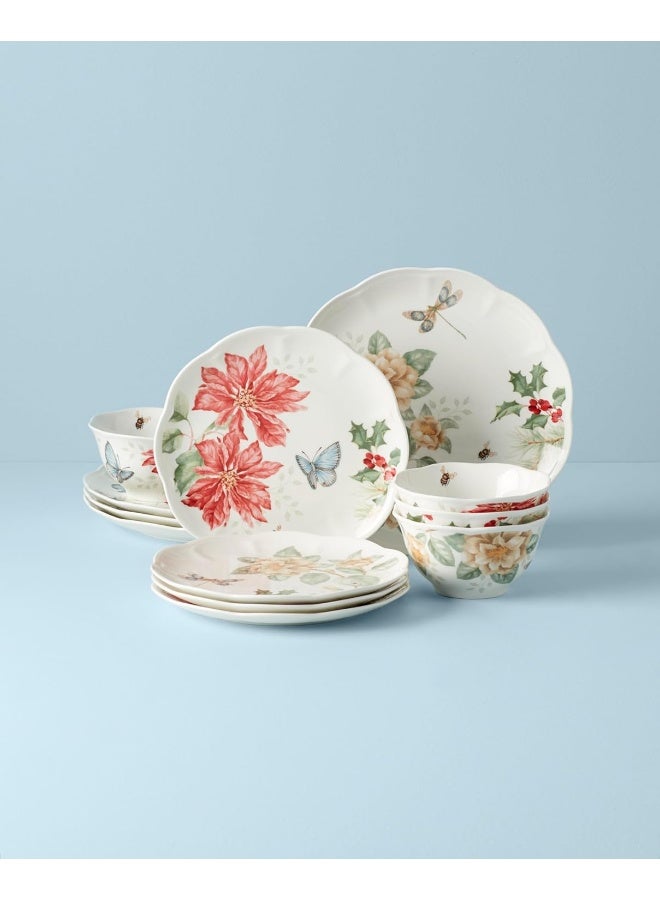 LENOX طقم أدوات المائدة لعيد الميلاد من لينكس بتصميم فراشة المروج 12 قطعة 1660 LB أحمر أخضر - Image 2