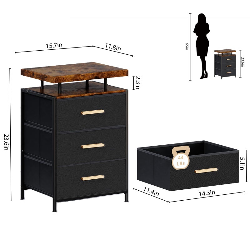 DreamDashio Nightstand with LED Lights, 3 Fabric Storage Drawers, Bedside Table with Floating Wood Top & PU Leather Fronts, Compact Modern End Table for Bedroom, Living Room or Dorm, White - Image 3