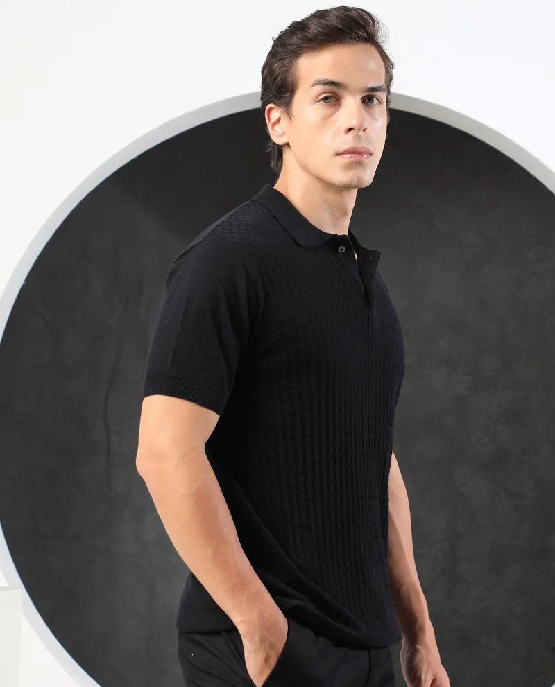 Rare Rabbit RARE RABBIT MEN'S LINCOS BLACK POLO COTTON FABRIC SHORT SLEEVES POLO COLLAR
