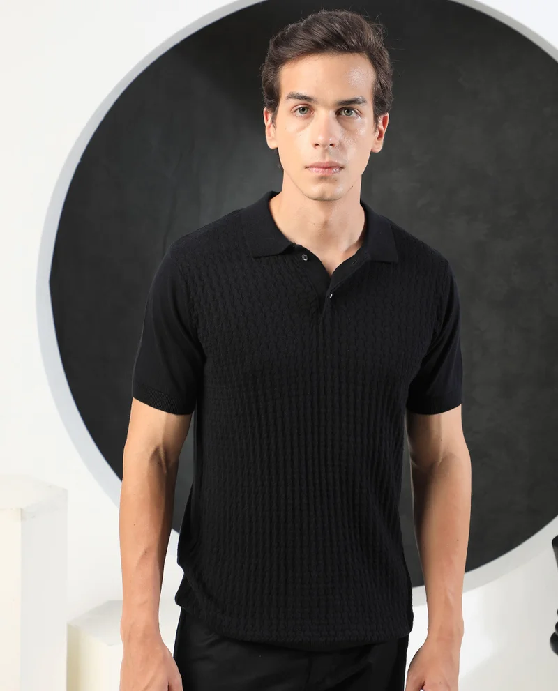 Rare Rabbit RARE RABBIT MEN'S LINCOS BLACK POLO COTTON FABRIC SHORT SLEEVES POLO COLLAR