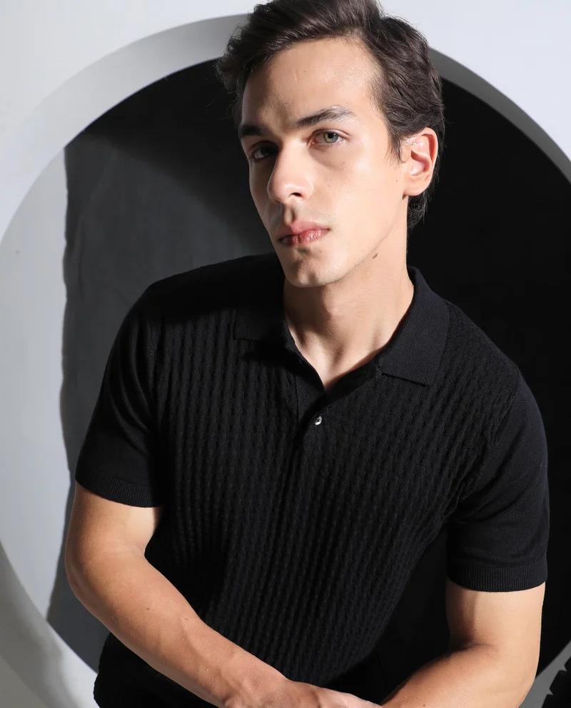 Rare Rabbit RARE RABBIT MEN'S LINCOS BLACK POLO COTTON FABRIC SHORT SLEEVES POLO COLLAR