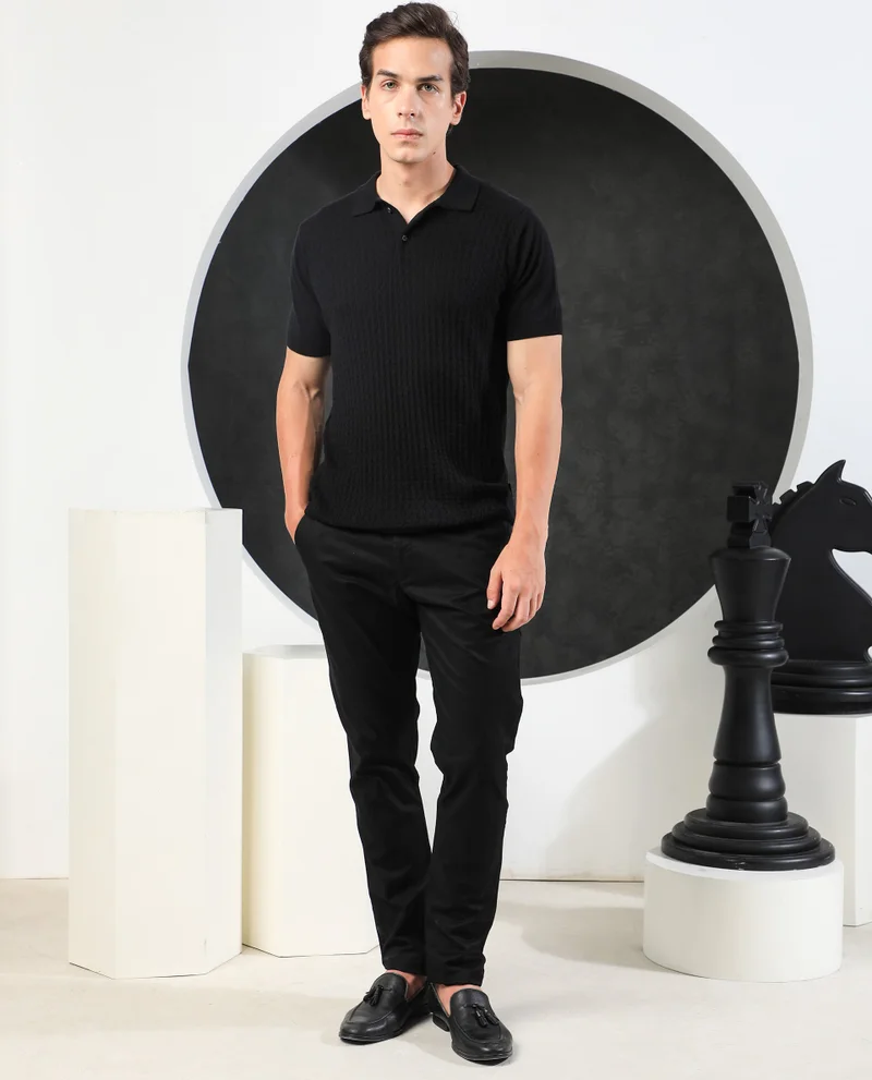 Rare Rabbit RARE RABBIT MEN'S LINCOS BLACK POLO COTTON FABRIC SHORT SLEEVES POLO COLLAR