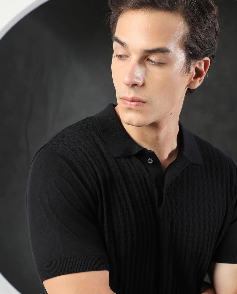 Rare Rabbit RARE RABBIT MEN'S LINCOS BLACK POLO COTTON FABRIC SHORT SLEEVES POLO COLLAR