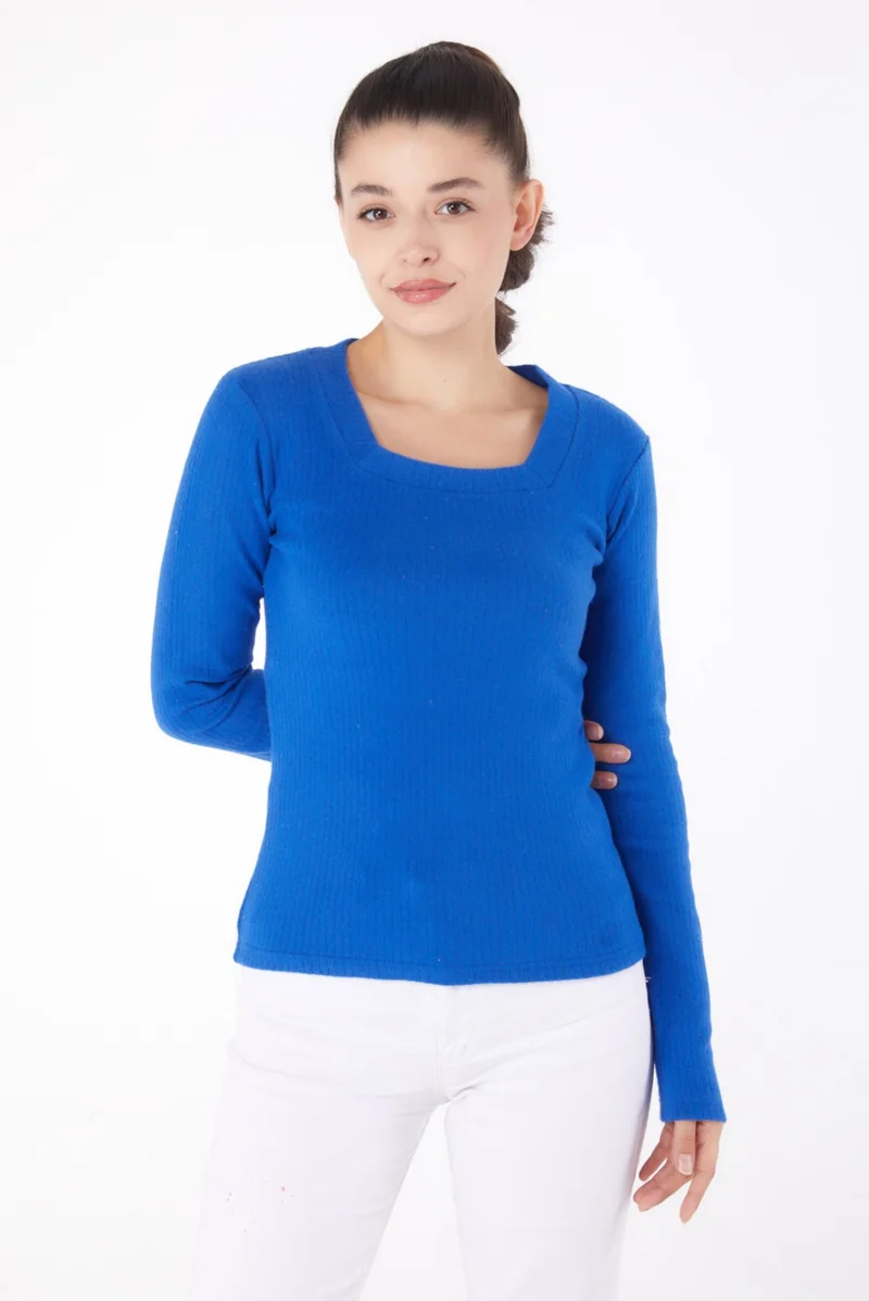 Tofisa Plain V Neck Women's Blue Square Neck Bodysuit - 26214