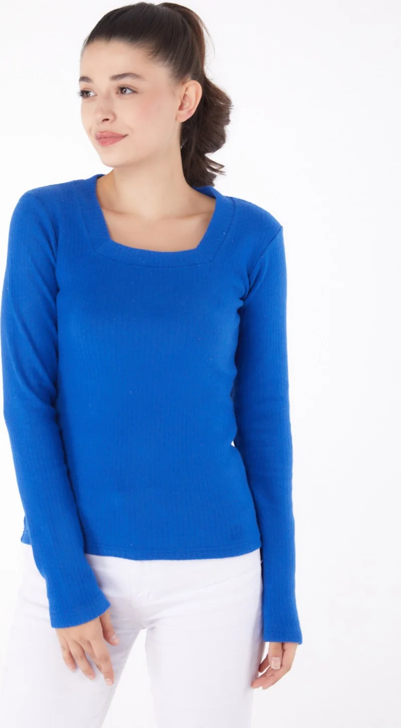 Tofisa Plain V Neck Women's Blue Square Neck Bodysuit - 26214