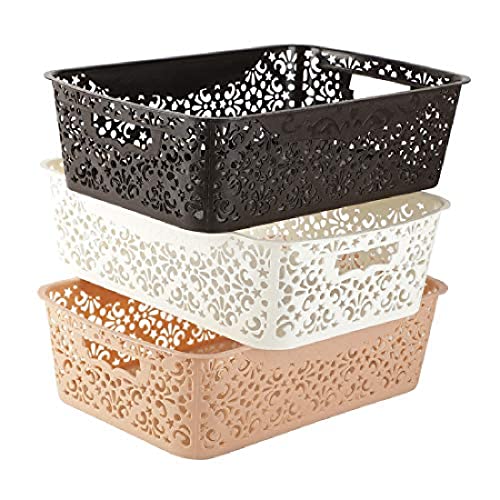 Cutting EDGE Plastic Storage Turkish Baskets without Lid Set of 3 Storing Fruit Vegetable Toys, Kitchen Bathroom Stationary Tools (Brown, Beige, White, Medium) - Image 1