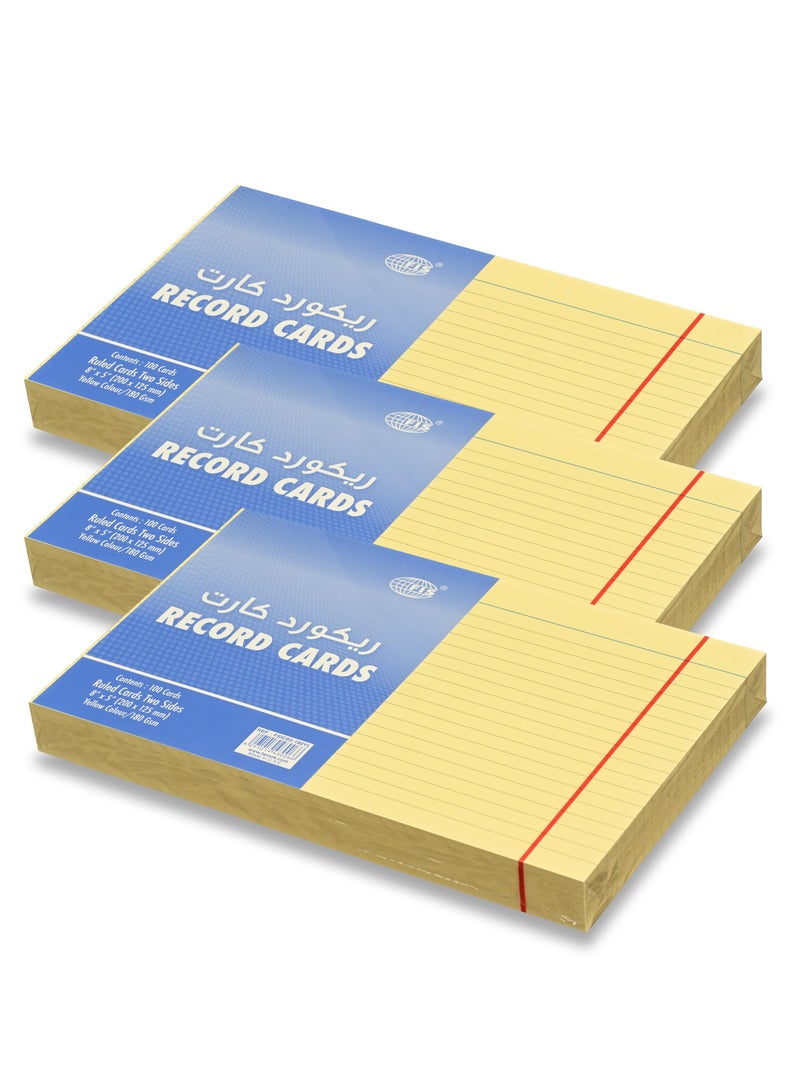 FIS® Ruled Record Cards or Index Cards, Size:8"x5" Inches (203x127mm), Two Sides Single Ruled, 180gsm, 100 Sheets Per Packet,Packet of 3 Pieces, Yellow Color-FSIC85-180YL-3 - Image 1
