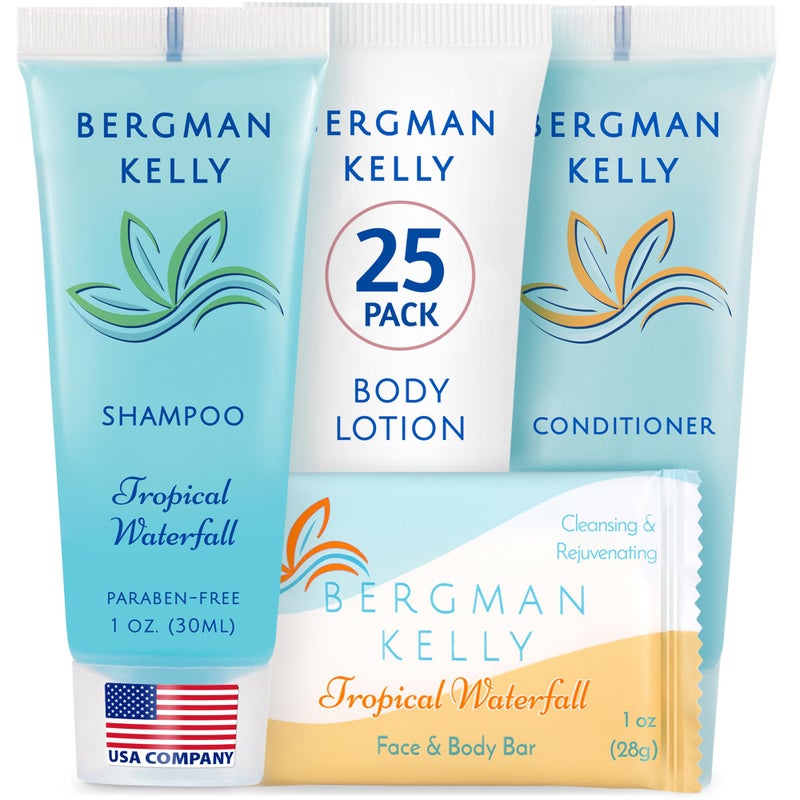 Bergman Kelly - Hotel Toiletries Bundle - Tropical Waterfall, 1 oz each, 100 Pcs - 4-Piece Set: 25 Rectangular Bar Soap, 25 Shampoo, 25 Conditioner & 25 Body Lotion - Bulk Mini Guest Amenities Supply - Image 1