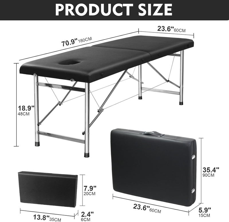 SKY-TOUCH Portable Massage Bed : Foldable Massage Tables with Pillow SPA Bed with Stainless Steel Frame 2 Fold Black for SPA Salon Tattoo Massage Therapeutic Treatment Black - Image 3