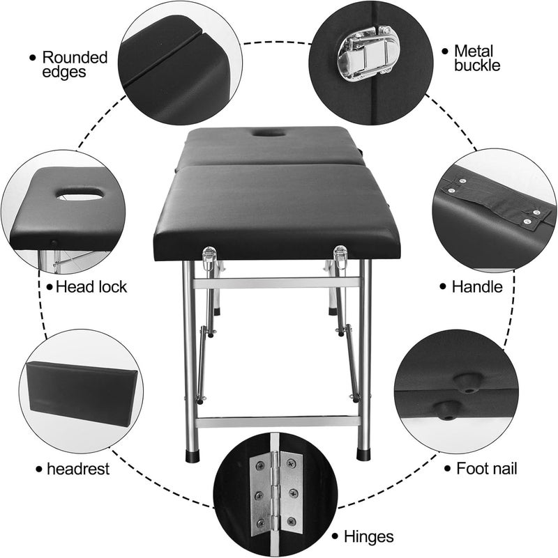 SKY-TOUCH Portable Massage Bed : Foldable Massage Tables with Pillow SPA Bed with Stainless Steel Frame 2 Fold Black for SPA Salon Tattoo Massage Therapeutic Treatment Black - Image 5