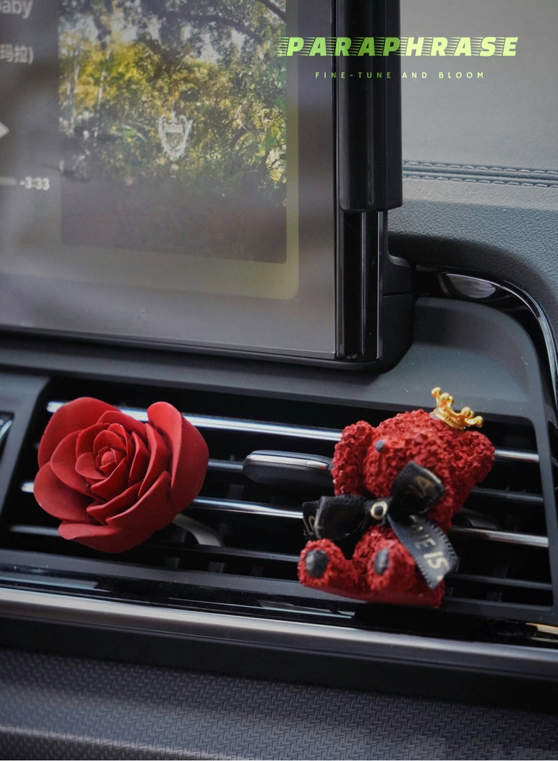 Paraphrase 2Pieces Handmade Car Air Vent Diffuser Clips, Cute Red Rose & Teddy Bear Air Freshener, Aromatherapy Scented Accessory for Car Interior Decoration - Image 1