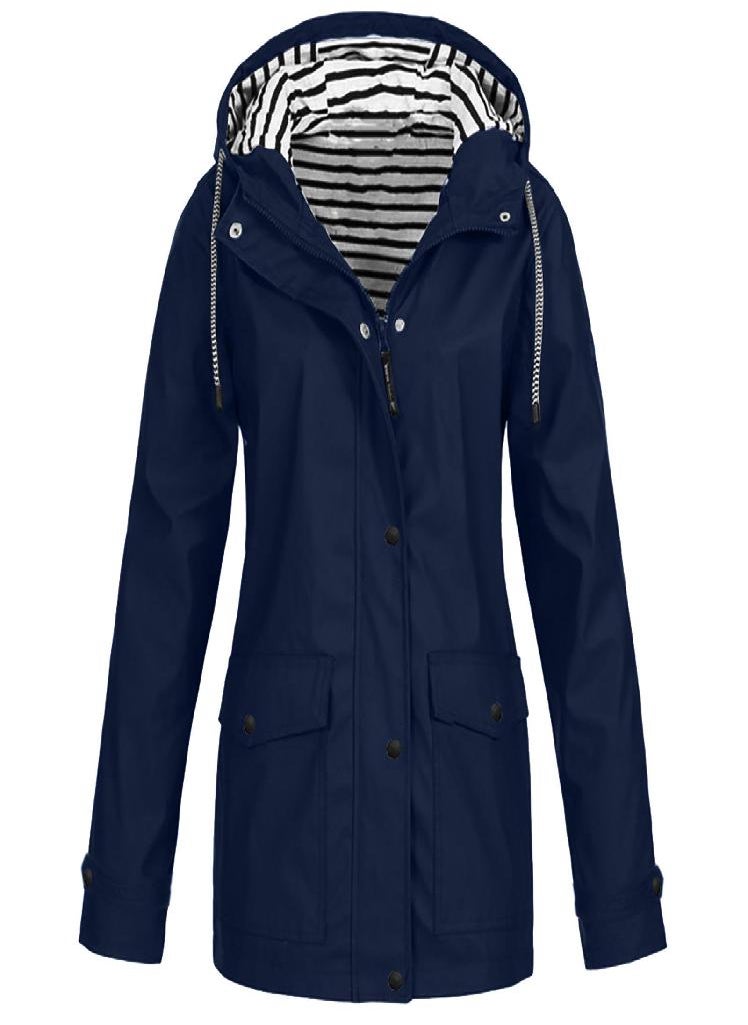 Eckek - Women Solid Rain Outdoor Plus Waterproof Hooded Raincoat Windproof Jacket Coat - Image 1