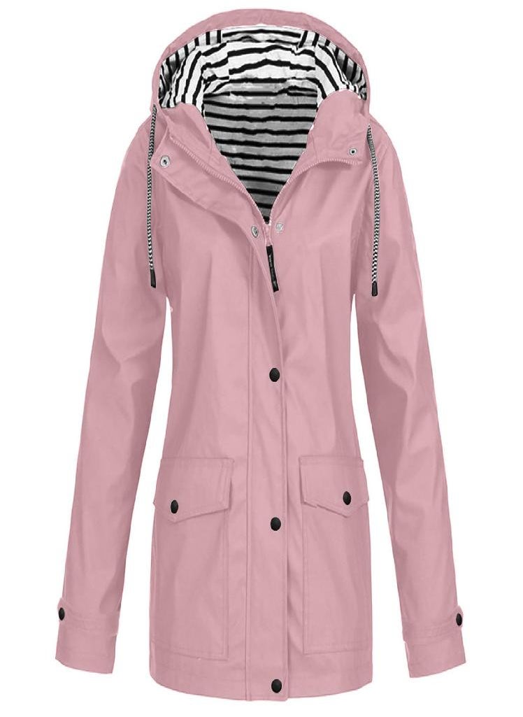 Eckek - Women Solid Rain Outdoor Plus Waterproof Hooded Raincoat Windproof Jacket Coat - Image 1