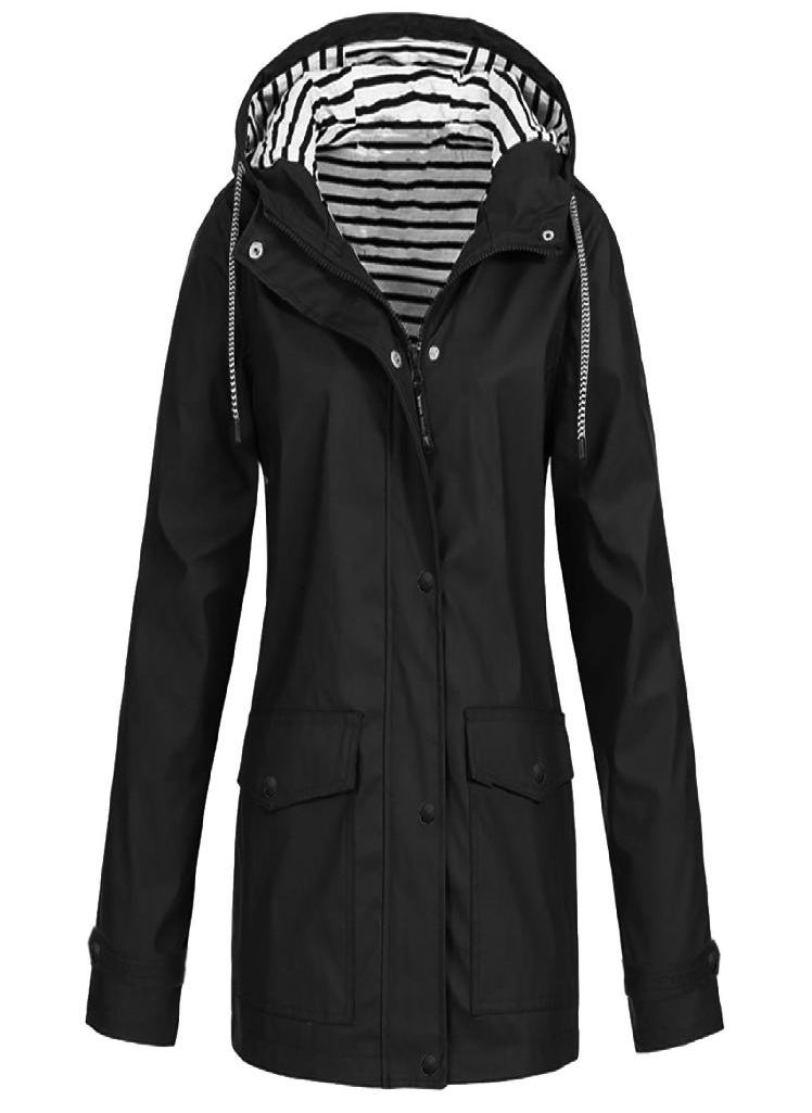 Eckek - Women Solid Rain Outdoor Plus Waterproof Hooded Raincoat Windproof Jacket Coat - Image 1