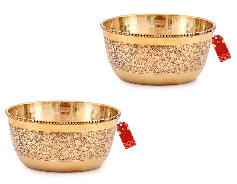 UAPAN Brass Bhog Bowl I Floral Decorative Embossed Flower Design I Handmade Decorative Serving Indian Food & Temple Bhog Bowl (Pack of 2) - Image 1