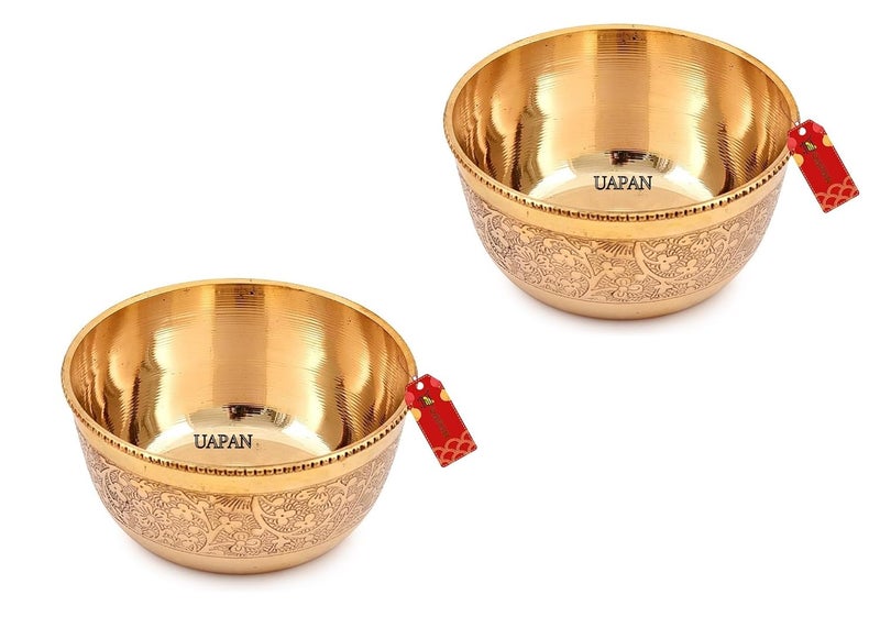 UAPAN Brass Bhog Bowl I Floral Decorative Embossed Flower Design I Handmade Decorative Serving Indian Food & Temple Bhog Bowl (Pack of 2) - Image 2