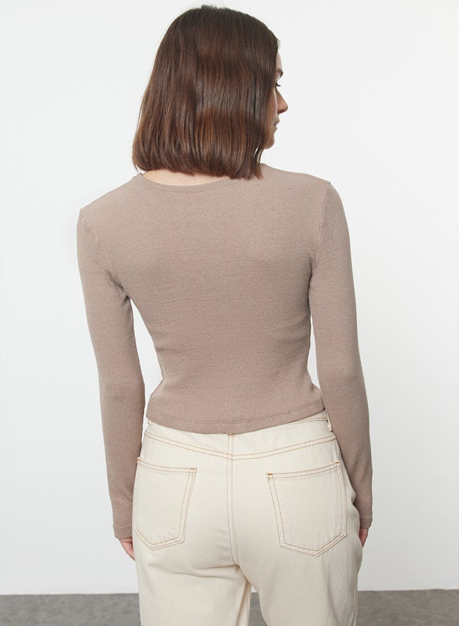 trendyol Brown-Beige 2 Pack Fitted Crew Neck Ribbed Crop Stretchy Knitted Blouse TWOAW22BZ0331 - Image 4