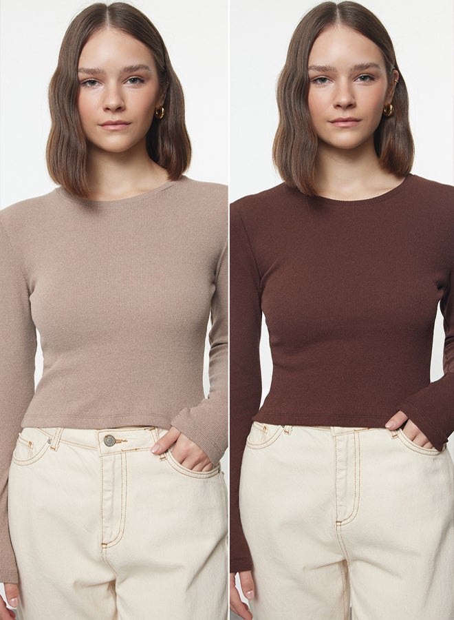 trendyol Brown-Beige 2 Pack Fitted Crew Neck Ribbed Crop Stretchy Knitted Blouse TWOAW22BZ0331 - Image 2
