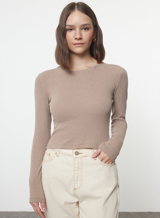 trendyol Brown-Beige 2 Pack Fitted Crew Neck Ribbed Crop Stretchy Knitted Blouse TWOAW22BZ0331 - Image 3