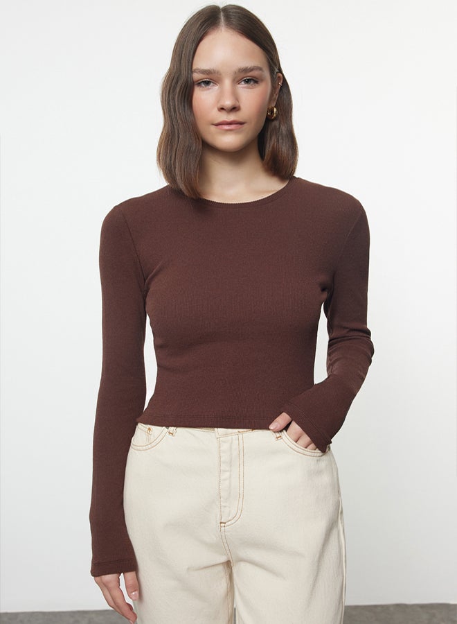 trendyol Brown-Beige 2 Pack Fitted Crew Neck Ribbed Crop Stretchy Knitted Blouse TWOAW22BZ0331 - Image 5