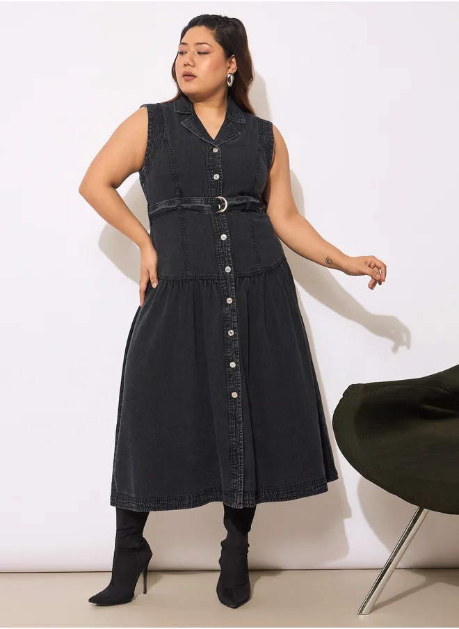 ساسافراس Plus Size Buttoned Sleeveless Flared Midi Dress