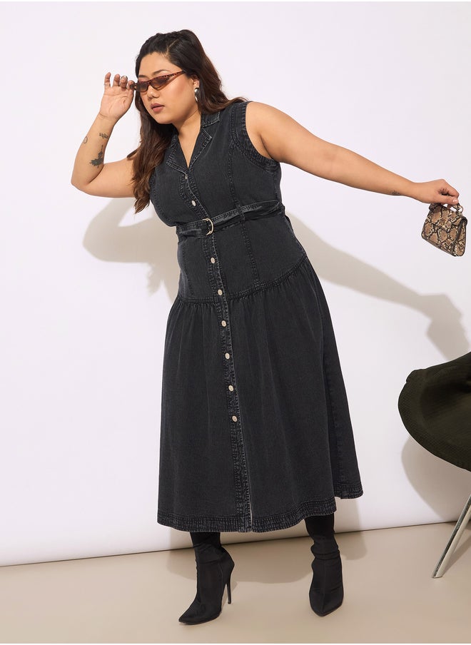 Belted Denim Midi Dress