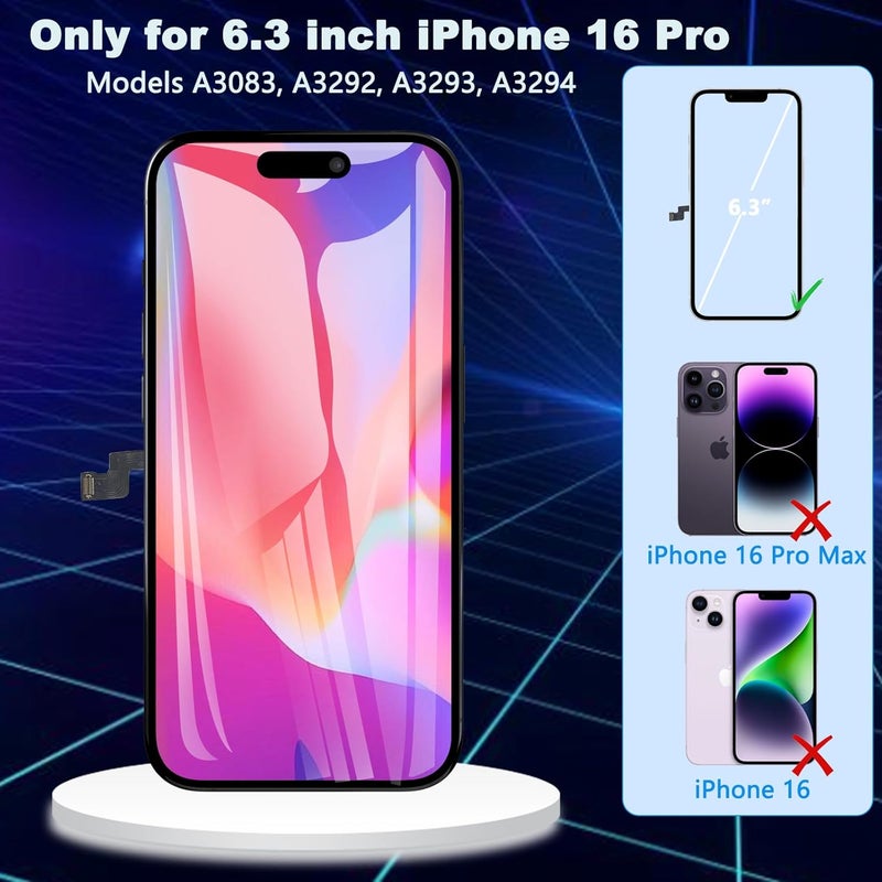 Diykitpl for iPhone 16 Pro Screen Replacement, 6.3 inch LCD Display 3D Touch Full HD Digitizer Frame Assembly, Compatible with A3083, A3292, A3293, A3294 Models, Repair Kit + Screen Tempered Protector - Image 2