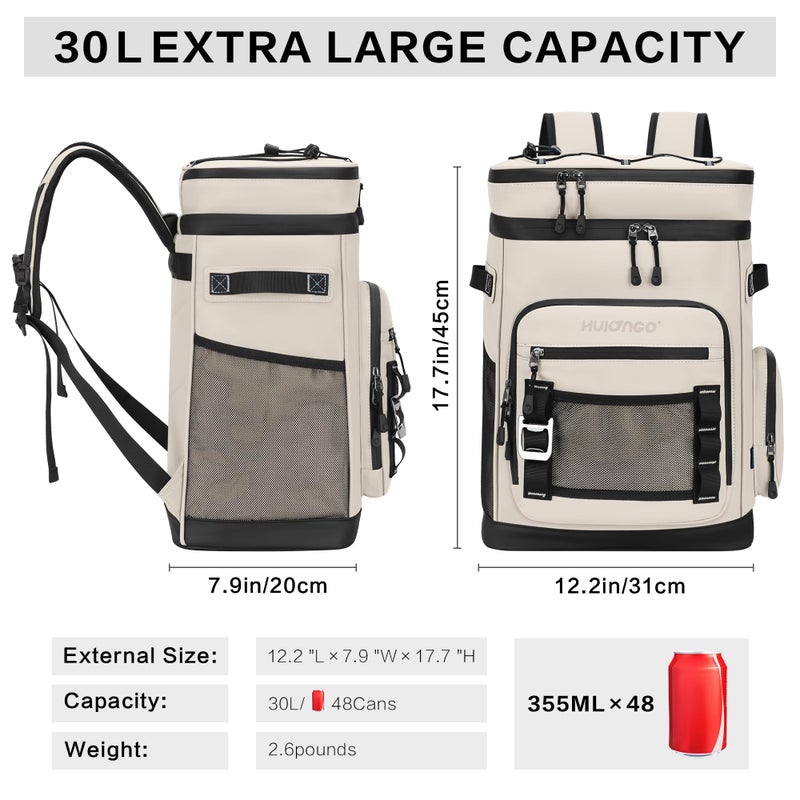Hulongo 30L Large Cooler Backpack, Leakproof Insulated Backpack Cooler for Women, Waterproof, Double Deck, Beige - Image 2