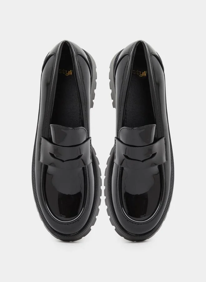 Styli  Black Patent Chunky Loafers for Women | Best Price UAE