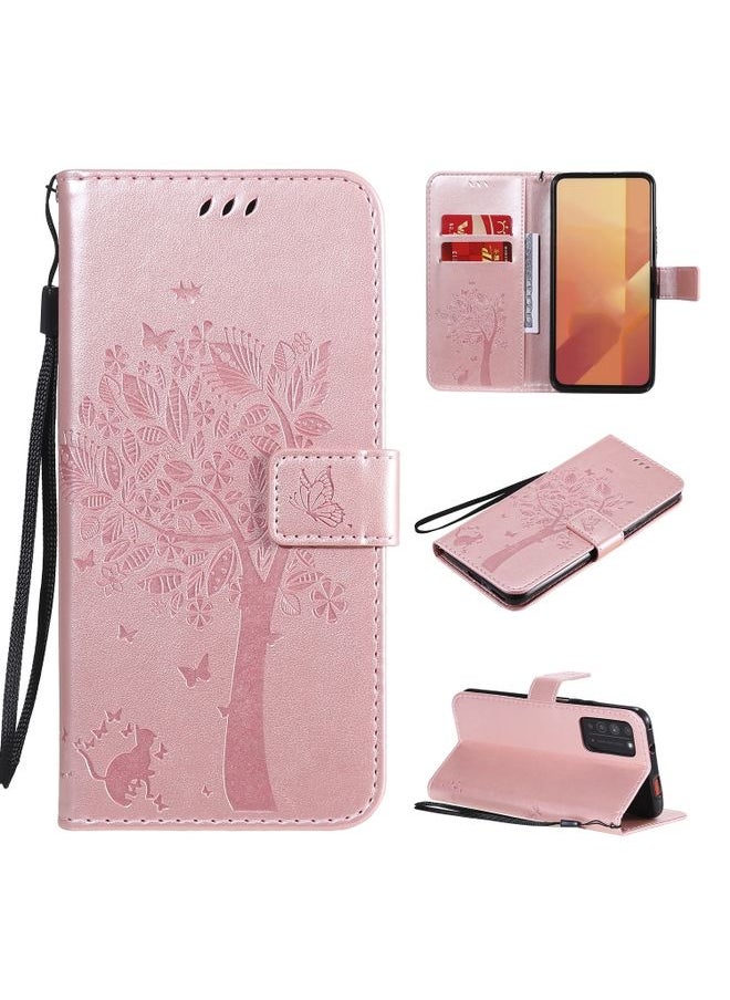 Generic Case Cover For Huawei Honor X10 5G Tree & Cat Embossed Pattern Horizontal Flip Leather Case with Holder & Card Slots & Wallet & Lanyard Rose Gold 
