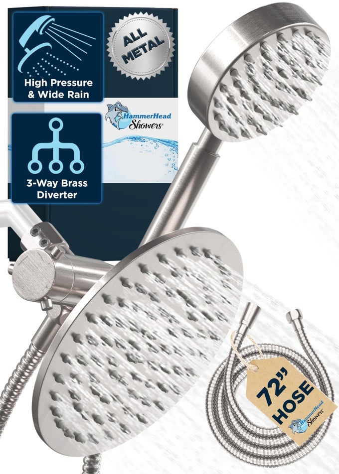 SOLID METAL DUAL SHOWER HEAD COMBO BRUSHED NICKEL 8 INCH RAINFALL HIGH FLOW SHOWER HEAD HANDHELD SHOWER HEAD HIGH PRESSURE WITH HOSE 6FT HOTELLIKE DOUBLE SHOWER HEADS
