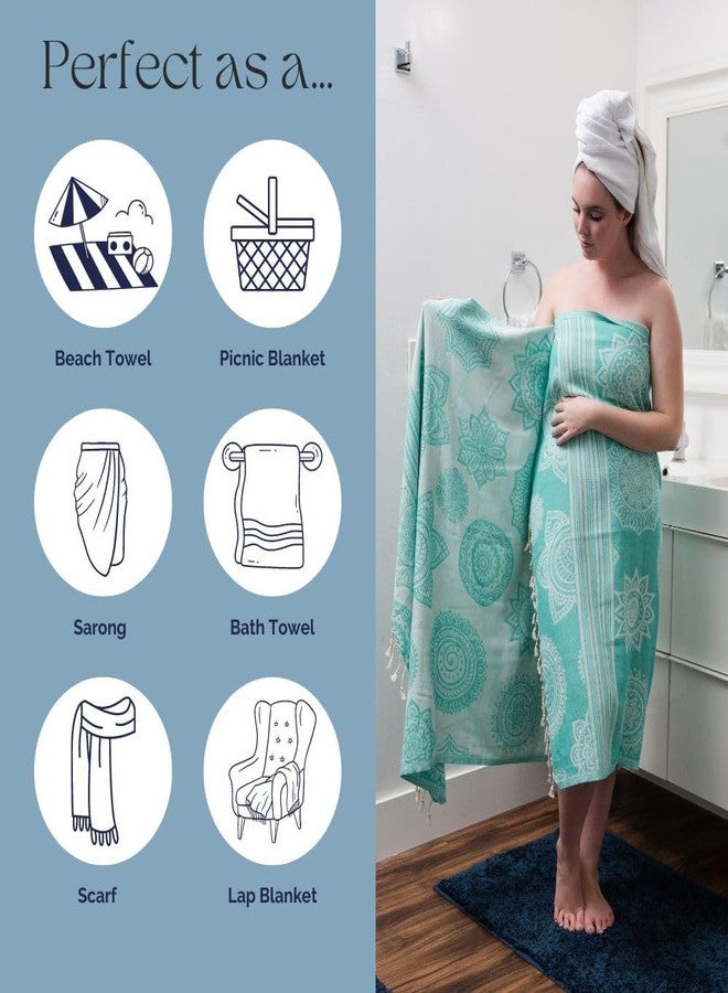 InfuseZen Turkish Bath & Beach Towel - Reversible Medallion Design - 100% Organic Turkish Cotton - Soft, Lightweight, Absorbent Peshtemal -Quick Dry, Sand Free- For Pool, Gym, Throw, Travel- Sea Green - Image 5