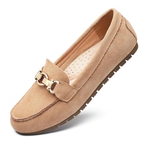 Cvistpieo Loafers for Women Business Casual Shoes Comfortable & Lightweight Penny Loafers Slip On Work Flats Suede Beige Size 9.5 Wide Width