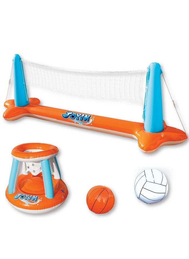 JOYIN Inflatable Pool Float Set Volleyball Net & Basketball Hoops Floating Swimming Game Toy For Kids And Adults Summer Floaties Volleyball Court (105”X28”X35”);Basketball (27”X23”X27”) Orange  - Image 3