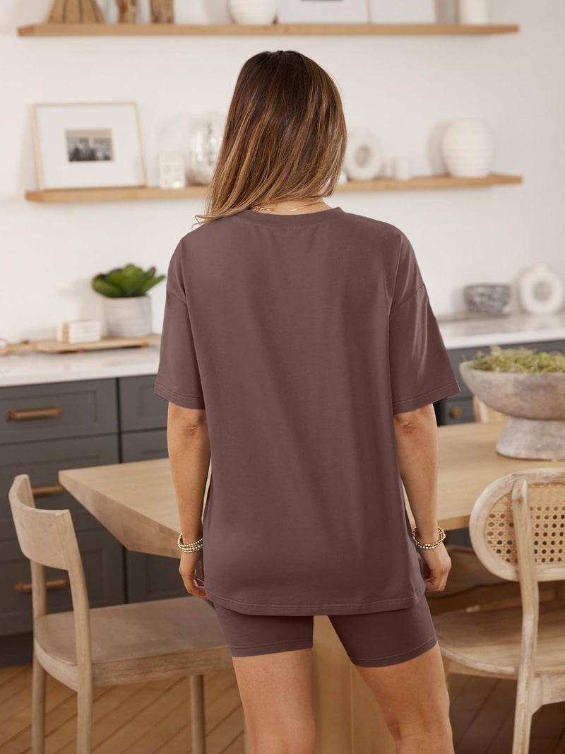 AUTOMET Summer Outfits for Women 2025 Fahsion 2 Piece Sets Two Piece Lounge Set Matching Clothing Oversized Tshirts Biker Short Brown M - Image 4