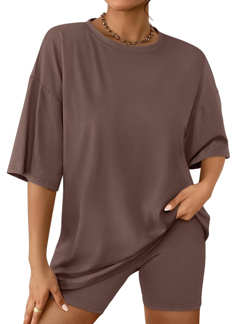 AUTOMET Summer Outfits for Women 2025 Fahsion 2 Piece Sets Two Piece Lounge Set Matching Clothing Oversized Tshirts Biker Short Brown M - Image 1