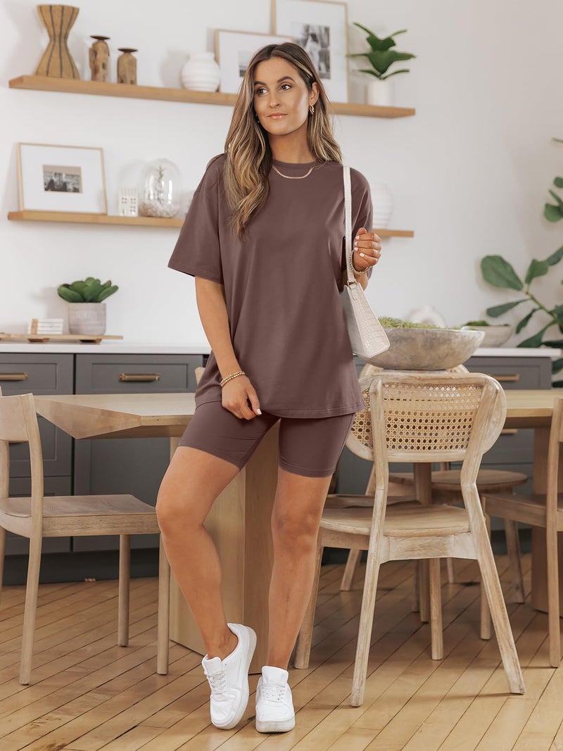 AUTOMET Summer Outfits for Women 2025 Fahsion 2 Piece Sets Two Piece Lounge Set Matching Clothing Oversized Tshirts Biker Short Brown M - Image 2