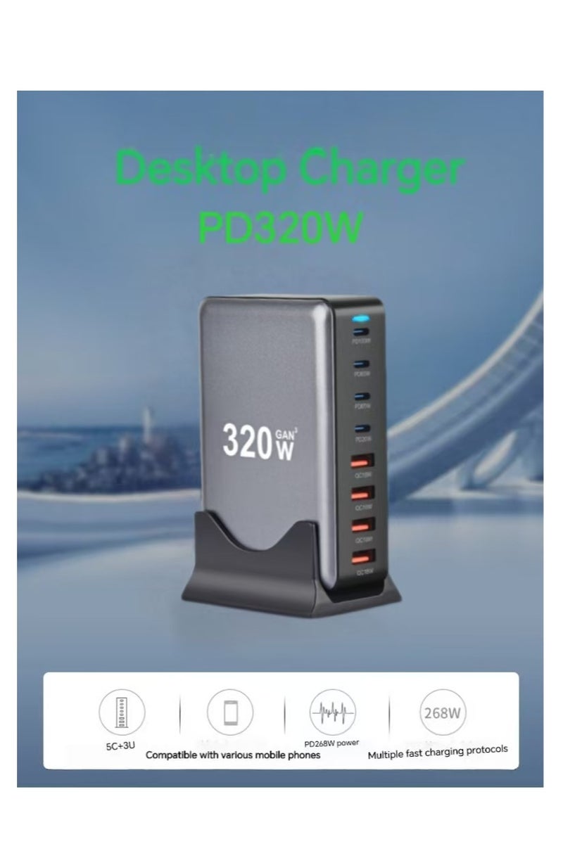 320W USB C Charger, 8 Port Fast Charging Station Type C Hub,PD 100W/65W/20/W Laptop Charger Adapter(Black) for iPad Phone 15 14 13 12 11 Pro Max etc - Image 1