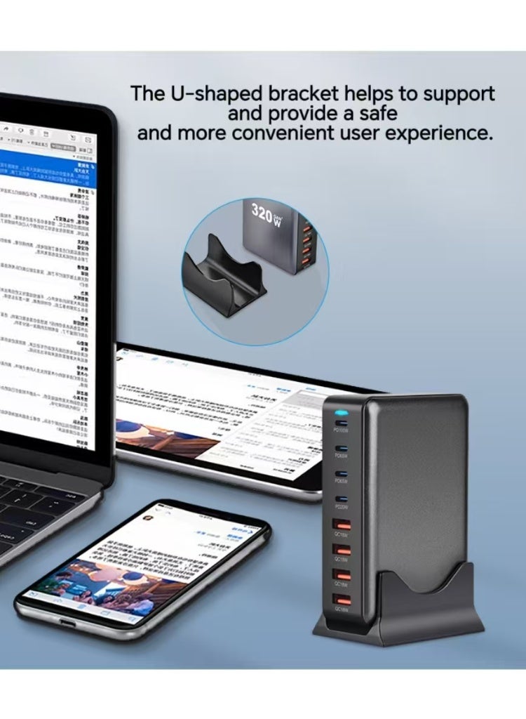 320W USB C Charger, 8 Port Fast Charging Station Type C Hub,PD 100W/65W/20/W Laptop Charger Adapter(Black) for iPad Phone 15 14 13 12 11 Pro Max etc - Image 2