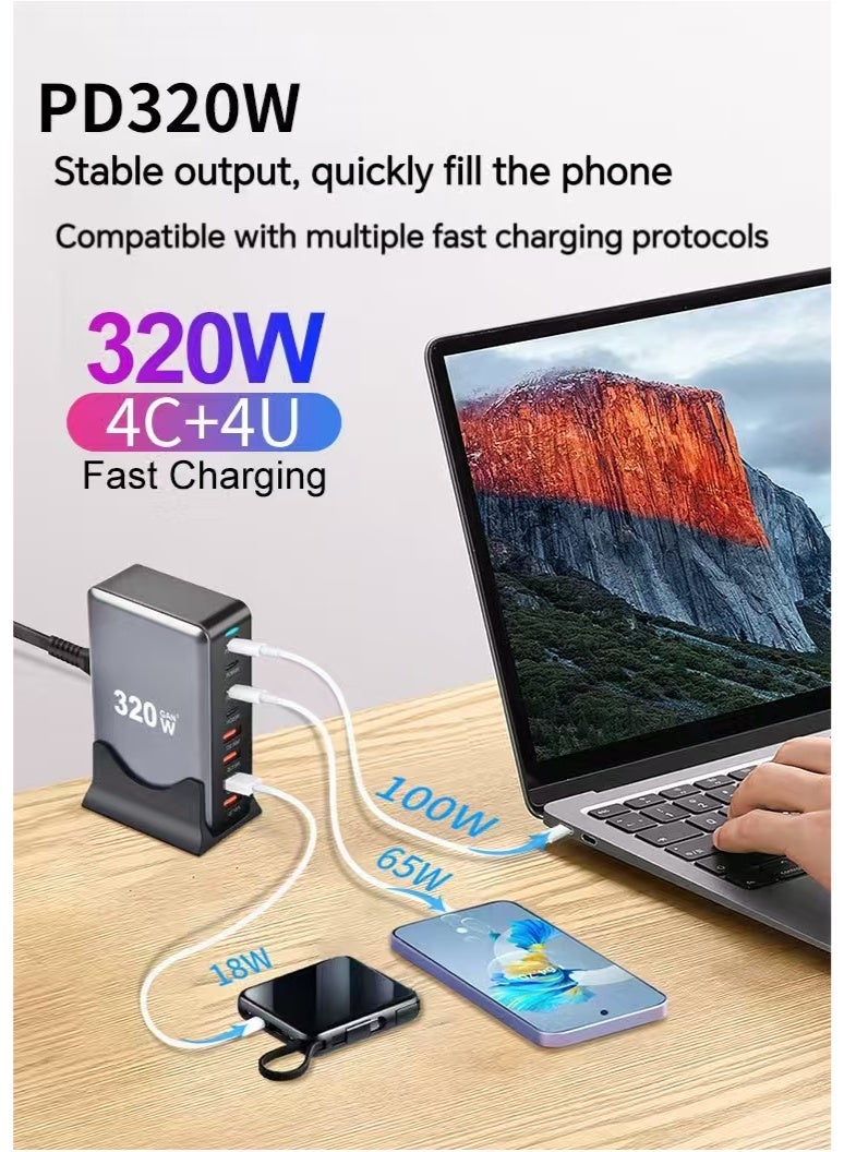 320W USB C Charger, 8 Port Fast Charging Station Type C Hub,PD 100W/65W/20/W Laptop Charger Adapter(Black) for iPad Phone 15 14 13 12 11 Pro Max etc - Image 3