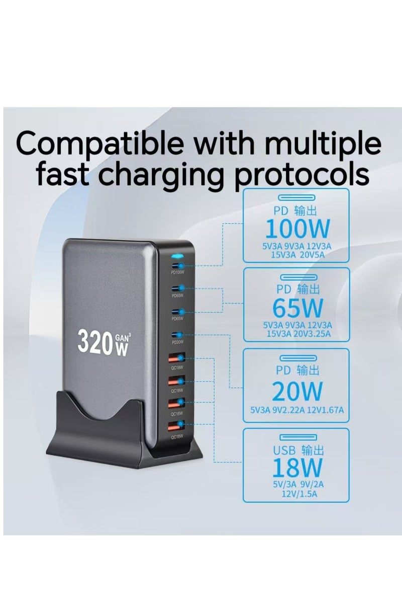 320W USB C Charger, 8 Port Fast Charging Station Type C Hub,PD 100W/65W/20/W Laptop Charger Adapter(Black) for iPad Phone 15 14 13 12 11 Pro Max etc - Image 5