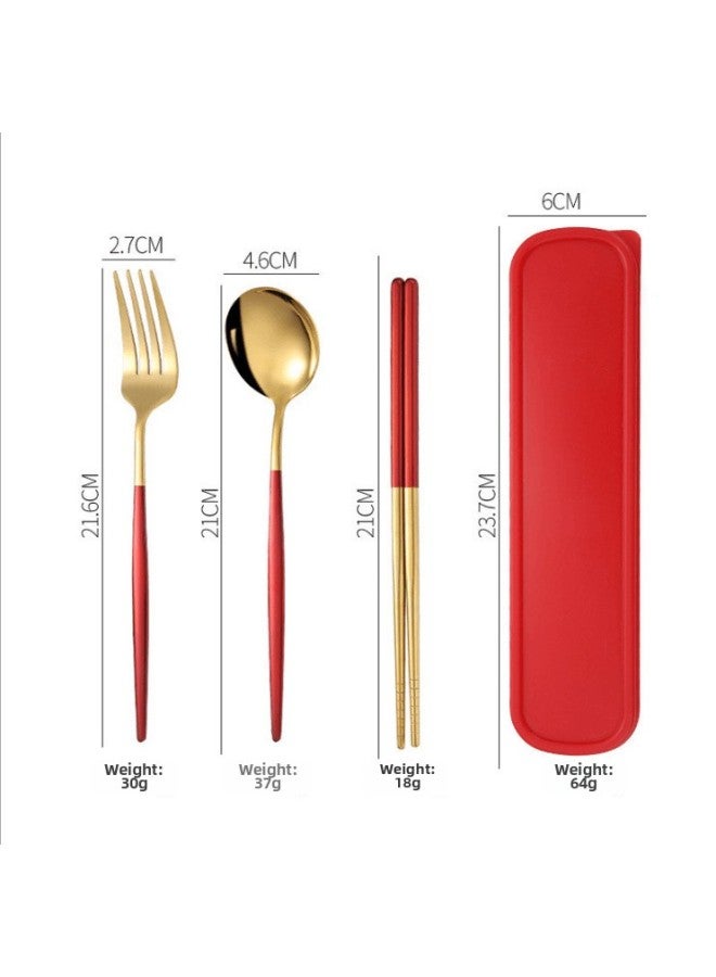 Portable Stainless Steel Titanium Coated Painted Outdoor Dining Set Mirror Polished Utensils Including Spoon Fork Chopsticks-Specifications:Red Gold 3-piece Set  - Image 1