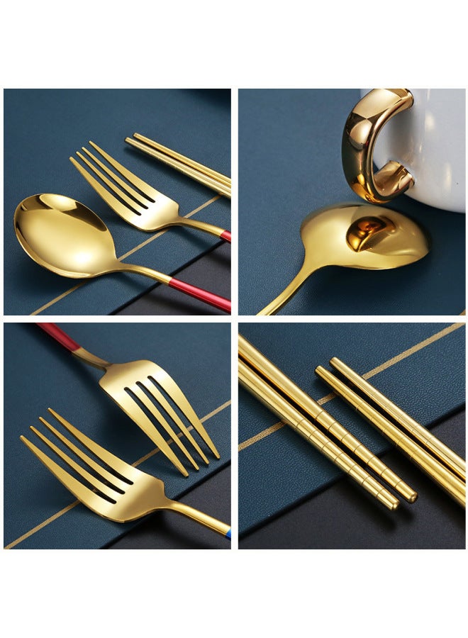 Portable Stainless Steel Titanium Coated Painted Outdoor Dining Set Mirror Polished Utensils Including Spoon Fork Chopsticks-Specifications:Red Gold 3-piece Set  - Image 5
