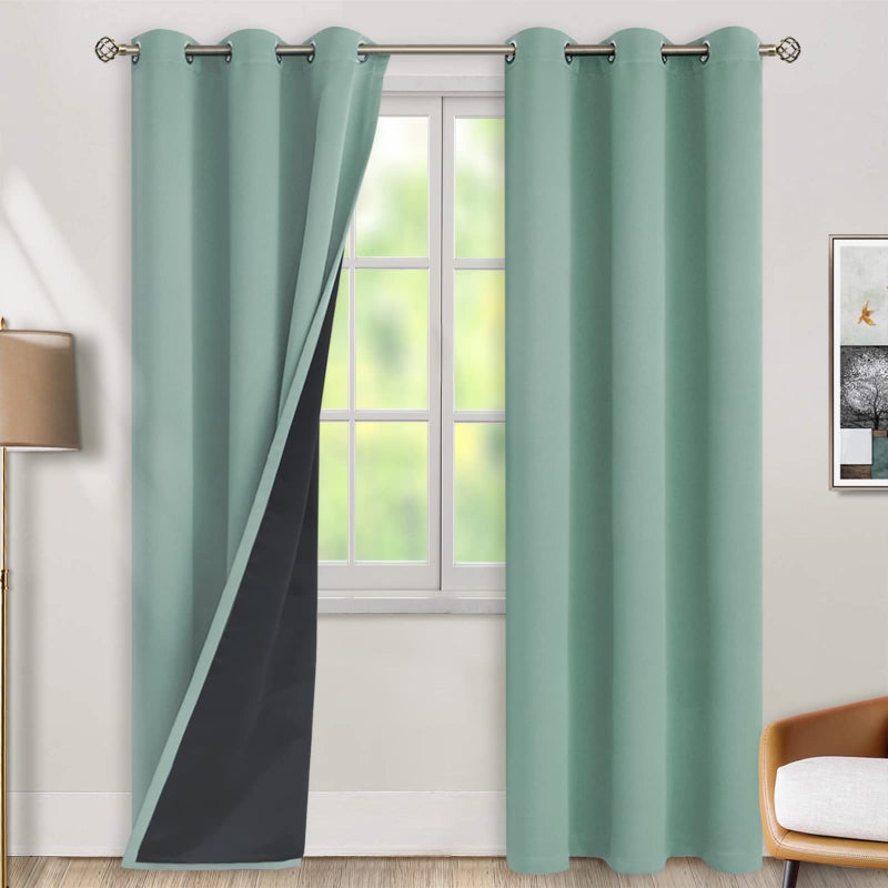 BGment Thermal Insulated 100% Blackout Curtains for Bedroom with Black Liner  Double Layer Full Room Darkening Noise Reducing Grommet Curtain (42 x 84 Inch  Frosty Green  2 Panels) - Image 1