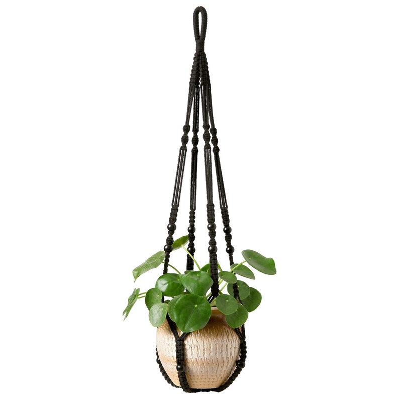 Mkono Macrame Plant Hanger Indoor Hanging Planter Basket with Wood Beads Decorative Flower Pot Holder No Tassels for Indoor Outdoor Boho Home Decor 35 Inch Black Set of 1 POTS NOT Included