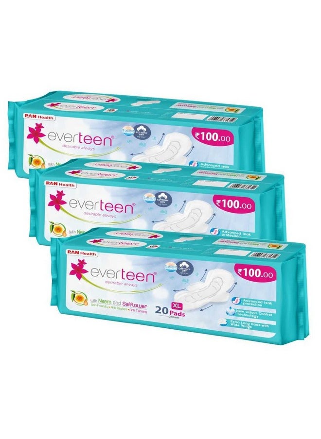 everteen Xl Dry Neem-Safflower Sanitary Pads For Women - 60 Pads, Rash Free, Anti Tan, Skin Friendly, Double Wing Shape, Advanced Leak Protection, X Large, 280Mm - 3 Packs (20 Pads Each, 280Mm)  - Image 1