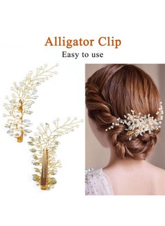 Oasisgalore 2 Pcs Gold Wedding Pearl Hair Clips with Rhinestones, Bridal Hair Accessories.  - Image 3